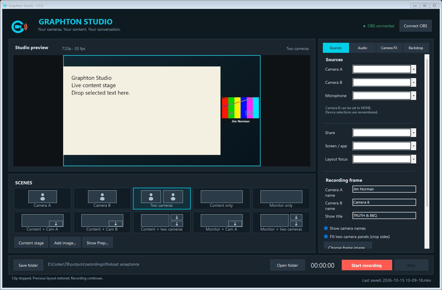 Actual Graphton Studio desktop with a large preview, camera and microphone controls, ten visual layout choices, and Start recording.